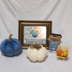 5 Peice Fall Autumn Decor Bundle- Plush Pumpkins, Framed Print, Coaster, Sign